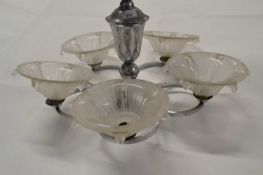 An Art Deco chrome and frosted glass five light ceiling light fitting, 66cm high