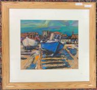 British, contemporary, Beached fishing boats, inscribed on back board 'Take a break Aldeburgh',