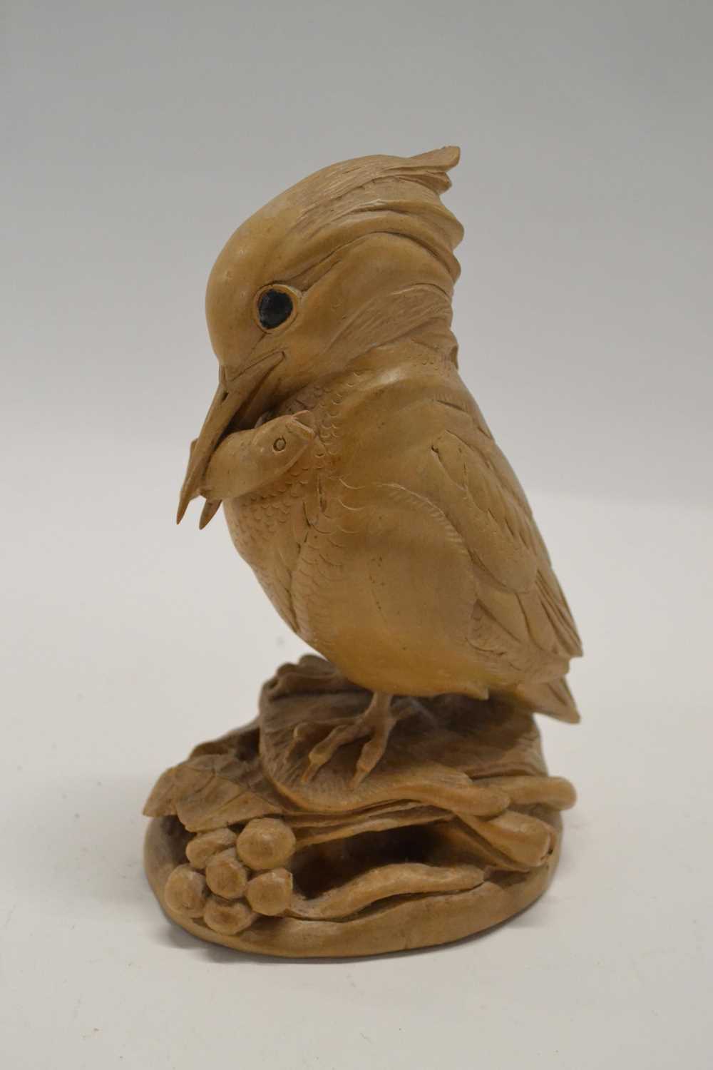 A carved wooden model of a Kingfisher, the base signed J H Williams, 18cm high - Image 2 of 3