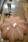 An Art Deco chrome and frosted peach glass ceiling light fitting with ribbed moulded shade, approx