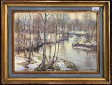 Nils Olzen (Swedish,1891-1953), Winter landscape with meandering river, oil on canvas, signed,