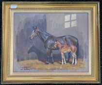 Neil Cawthorne (British,1936-2022). Horse and Foal in stables, oil on board, signed and dated '91,