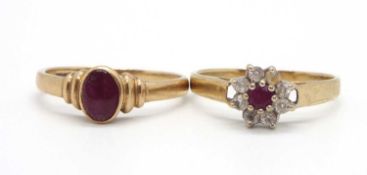 Two 9ct ruby rings: the first set with a small round ruby surrounded by white stones, with plain