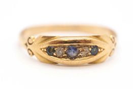 A five stone sapphire and diamond ring, the graduated alternating sapphires and diamonds set with