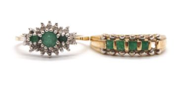 Two 9ct emerald rings: to include a 9ct emerald and diamond cluster ring, all set in white gold to a