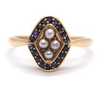 A sapphire and split pearl ring, the diamond shape head set to centre with four split pearls, with