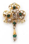 A 17th century style adapted Iberian brooch, set with foil backed white and green hardstones and