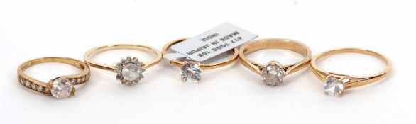 Five 9ct white gemset rings: to include moissanite, CZ and others, all stamped 375 with Birmingham