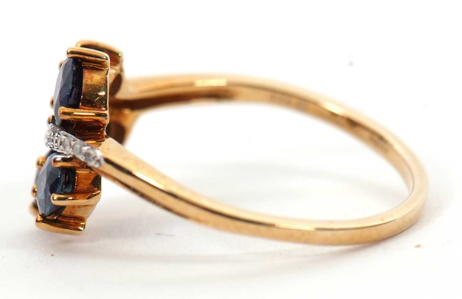 A 9ct blue stone and diamond ring, the leaf shape ring set with five oval blue stones (probably - Image 6 of 6