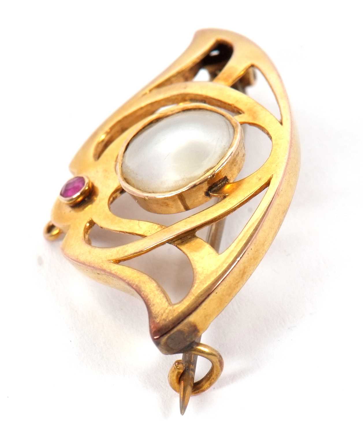An Art nouveau brooch, the central round blister pearl, collet mounted within a frame set with a - Image 3 of 4