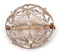 An Edwardian 18ct diamond and pearl brooch, set to centre with a round old mine cut diamond,
