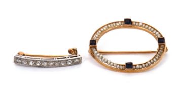 A diamond brooch and a seed pearl brooch: the slightly curved diamond brooch set in white and yellow