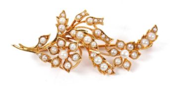 A late Victorian 15ct seed pearl spray brooch, set throughout with seed pearls of varying sizes,