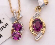 Two 10k rubelite necklaces: to include a two stone rubelite and white stone pendant stmaped 10K,