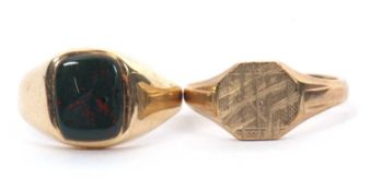 Two 9ct rings: to include a 9ct bloodstone ring with tapered shoulders and plain band hallmarked