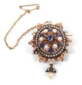 A late 19th century sapphire and pearl brooch, the ciruclar brooch set to centre with an oval