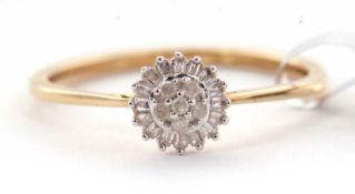 A 9ct diamond cluster ring, set wtih small round brilliant and baguette cut diamonds, total