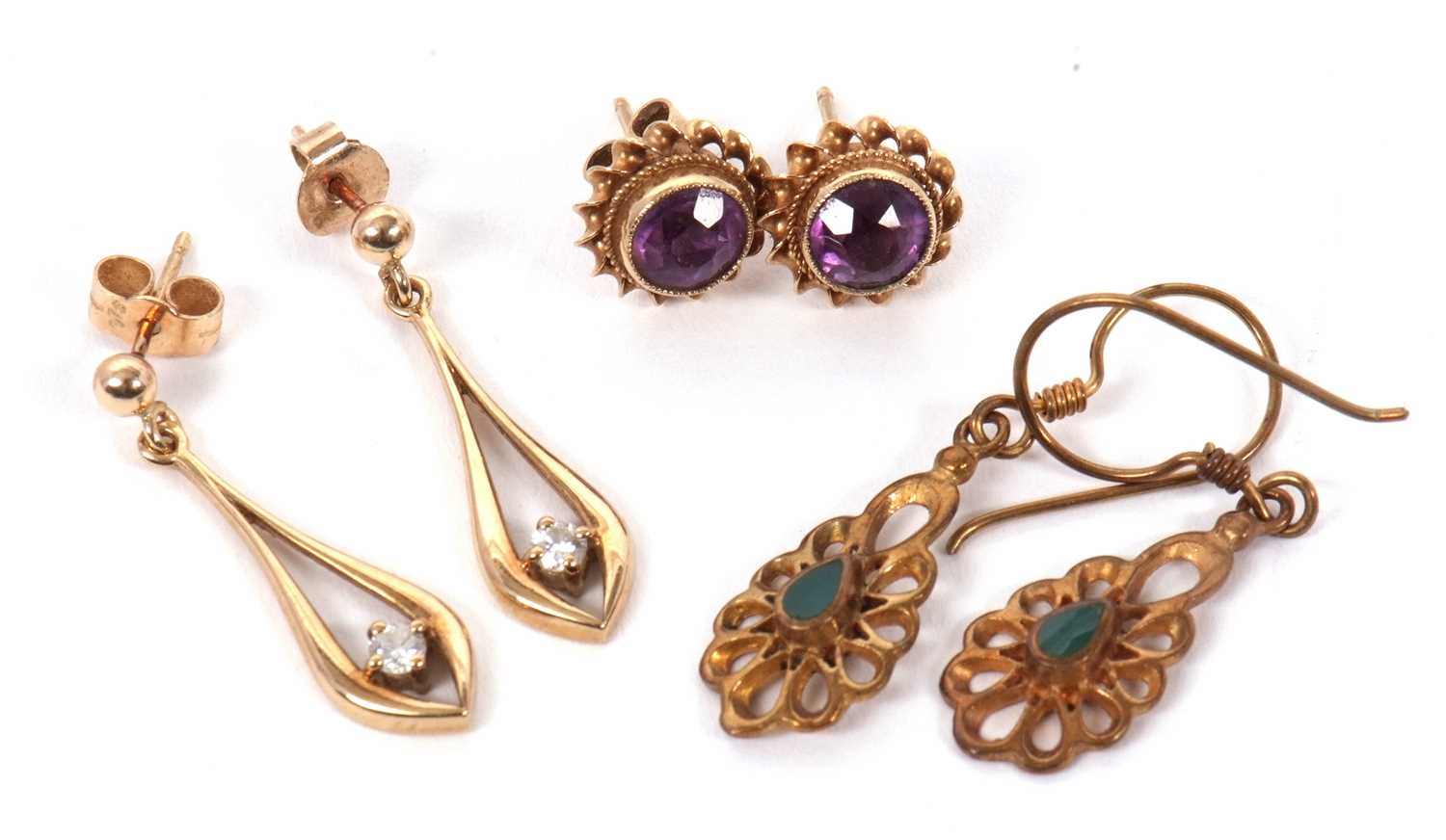 Two pairs of 9ct earrings and another: to include a pair of diamond set pear shape drop earrings