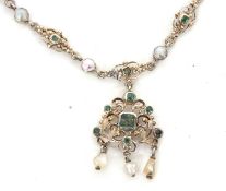 A 19th century style emerald and cultured pearl pendant necklace, the pendant set with a central
