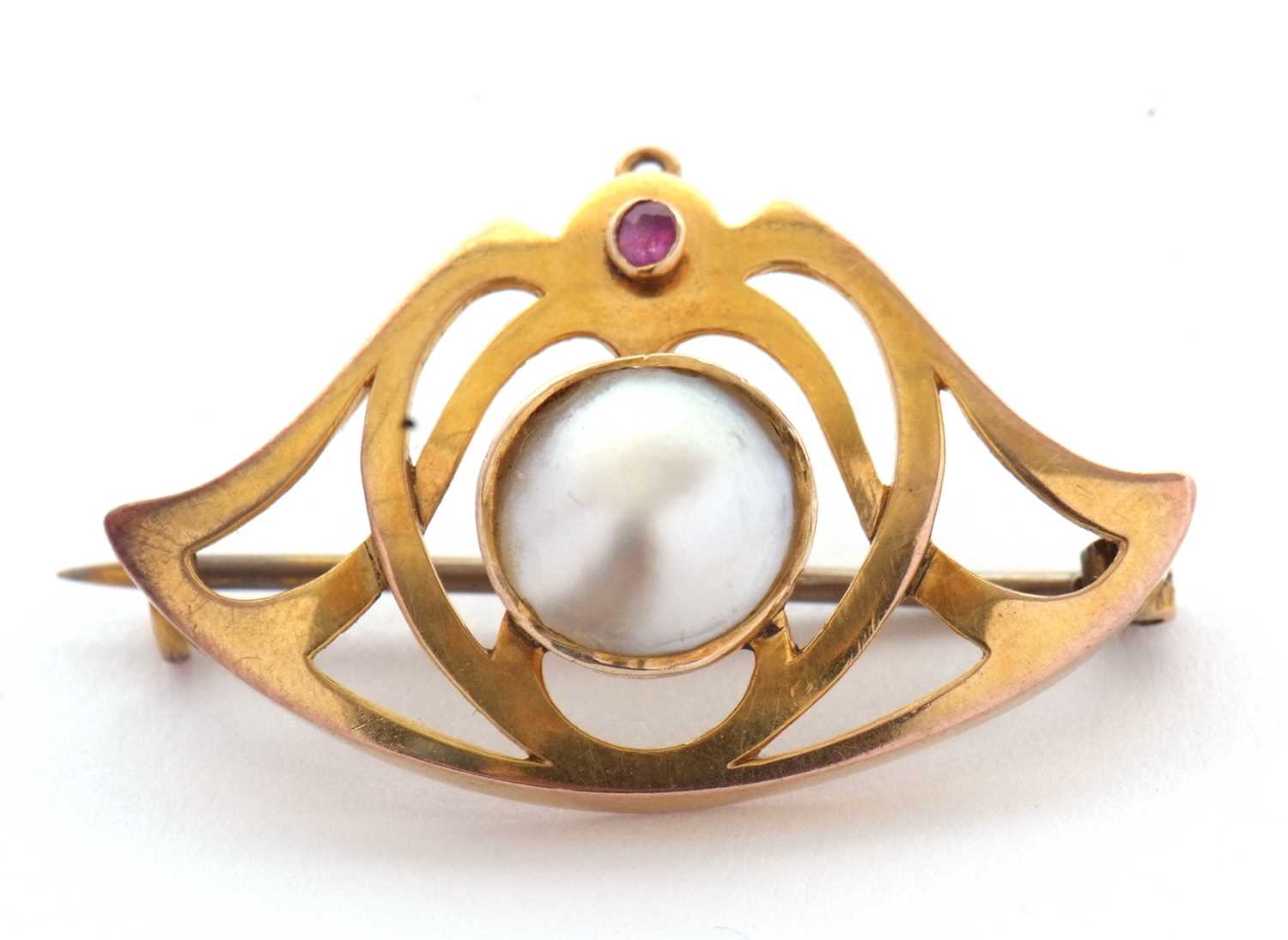 An Art nouveau brooch, the central round blister pearl, collet mounted within a frame set with a - Image 4 of 4