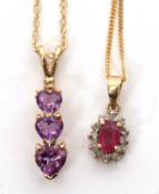 A 9ct amethyst heart necklace and a 9K ruby cluster necklace: the three graduated amethyst hearts