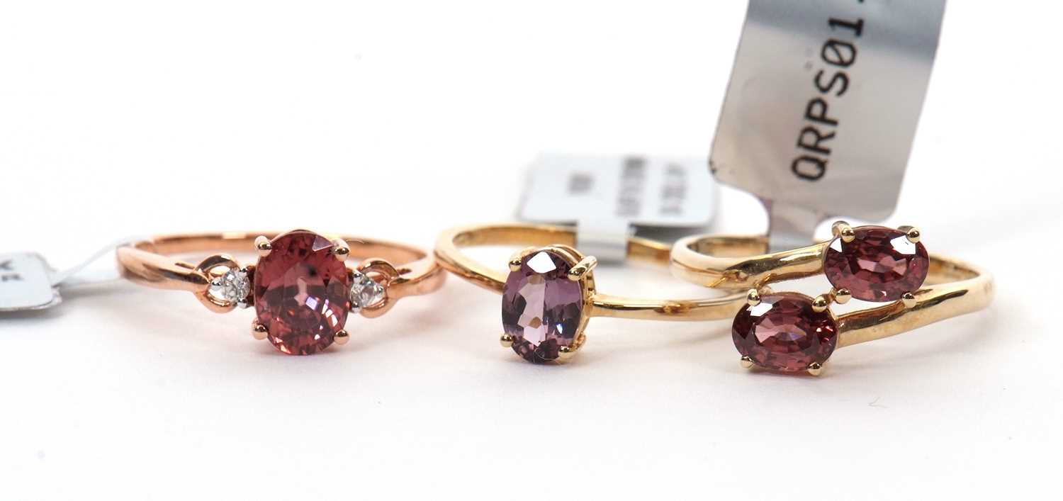 Three gemset rings: to include a 9ct purple spinel single stone ring with plain band hallmarked - Image 2 of 2