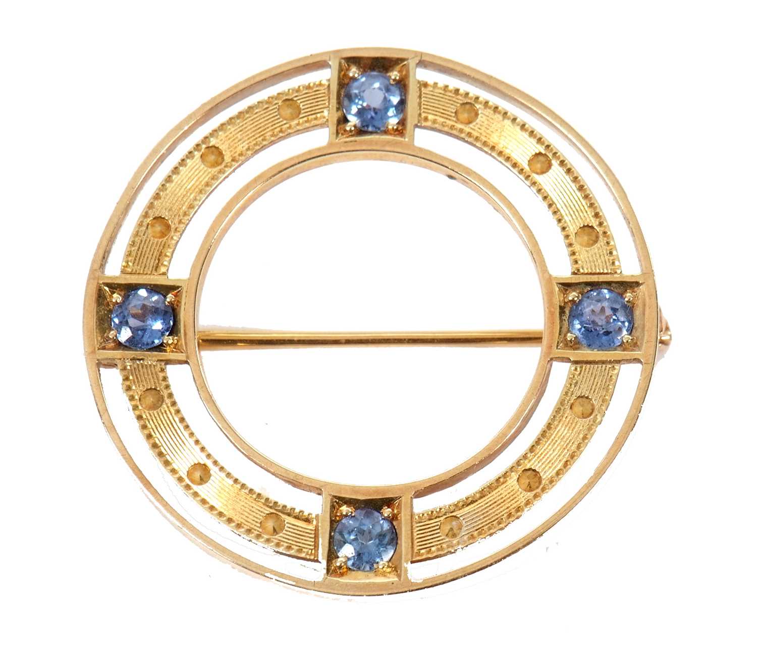 A late 19th/early 20th century sapphire brooch, the ring set with four pale blue sapphires, all - Image 2 of 4