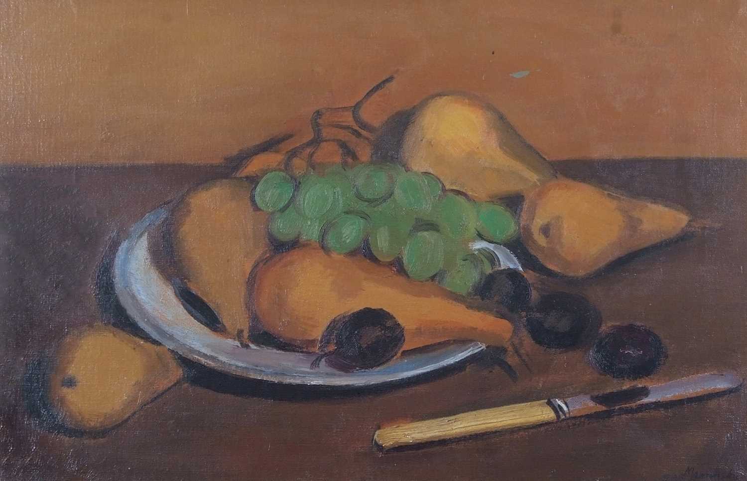 Bernard Meninsky (1891-1950), "Still Life-Pears", oil on canvas, signed, The Boydell Galleries label - Image 3 of 4