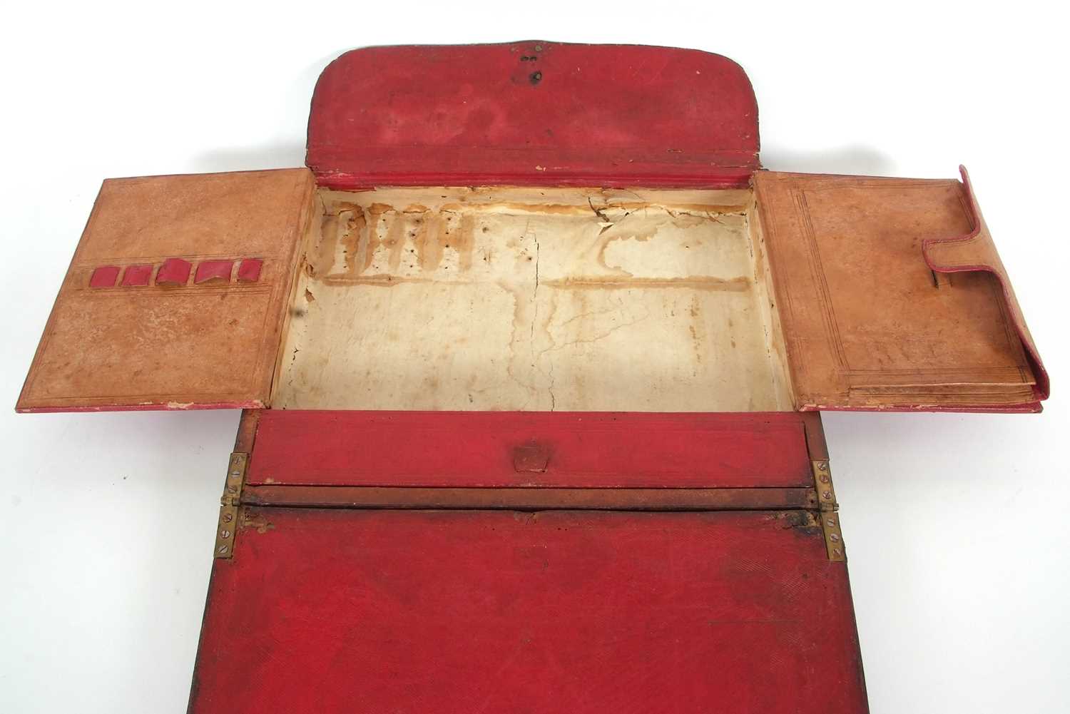 A Victorian brown leather mounted early briefcase or writing box formed as a small case with - Image 4 of 6