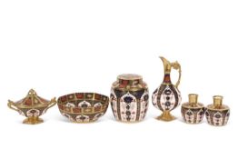 Group: Royal Crown Derby Imari 1128 pattern to include ginger jar and cover, octagonal shaped