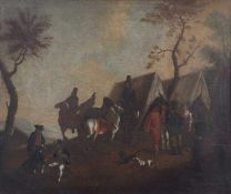 French,18th Century, Oil on Canvas of a Military Encampment with soldiers resting in wooden frame
