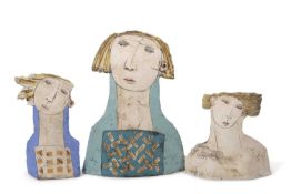 Christy Keeney (B: 1951) - A group of three ceramic head sculptures with polychrome decoration,