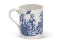 A small 18th Century Caughley mug with prints of La Peche and La Promenade, 8cm high