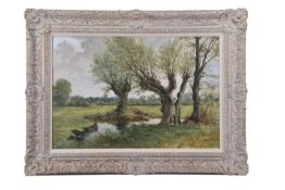 British School, 20th century, Countryside view with a foreground stream and trees, oil on board,