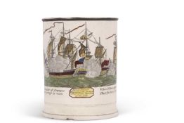 An early 19th Century cream ware frog mug featuring a scene from the battle of the Nile with