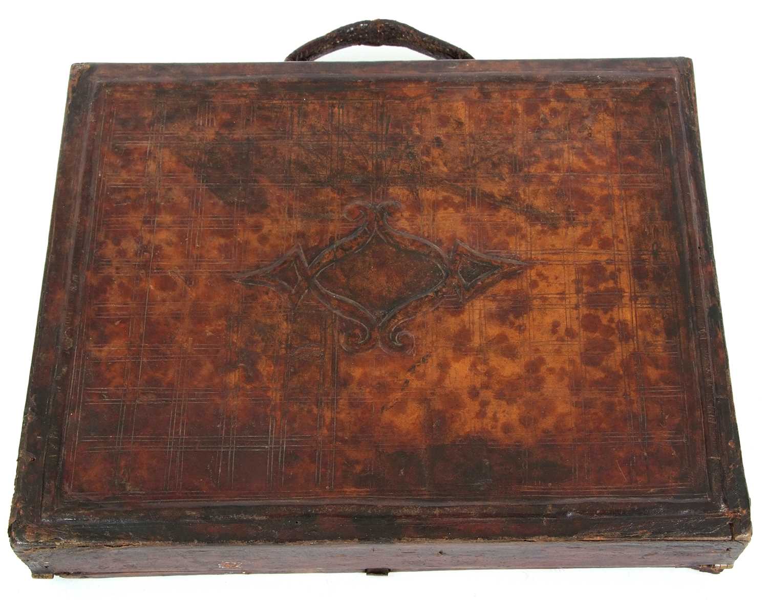 A Victorian brown leather mounted early briefcase or writing box formed as a small case with - Image 6 of 6