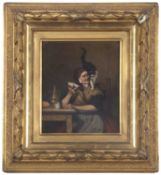 Guslav Michel (German, b.1838), Interior scene with a seated lady and cat, oil on panel board,