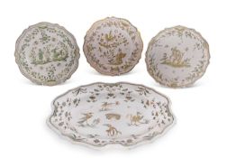 Group of 3 French Faience plates with shaped rims and typical decoration one marked Moustiers and