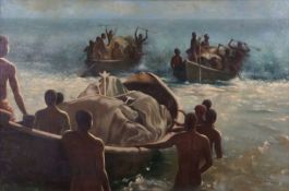 Continental school, 20th century, Tribal fishermen / boatmen head out to sea, oil on canvas, bears