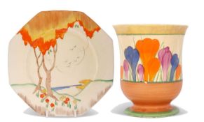 A Clarice Cliff octagonal plate with a stylised landscaped Taormina design together with a small
