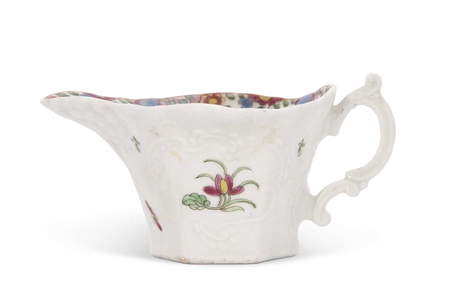 An 18th Century Worcester porcelain hexagonal cream boat, circa 1758 with a polychrome design (
