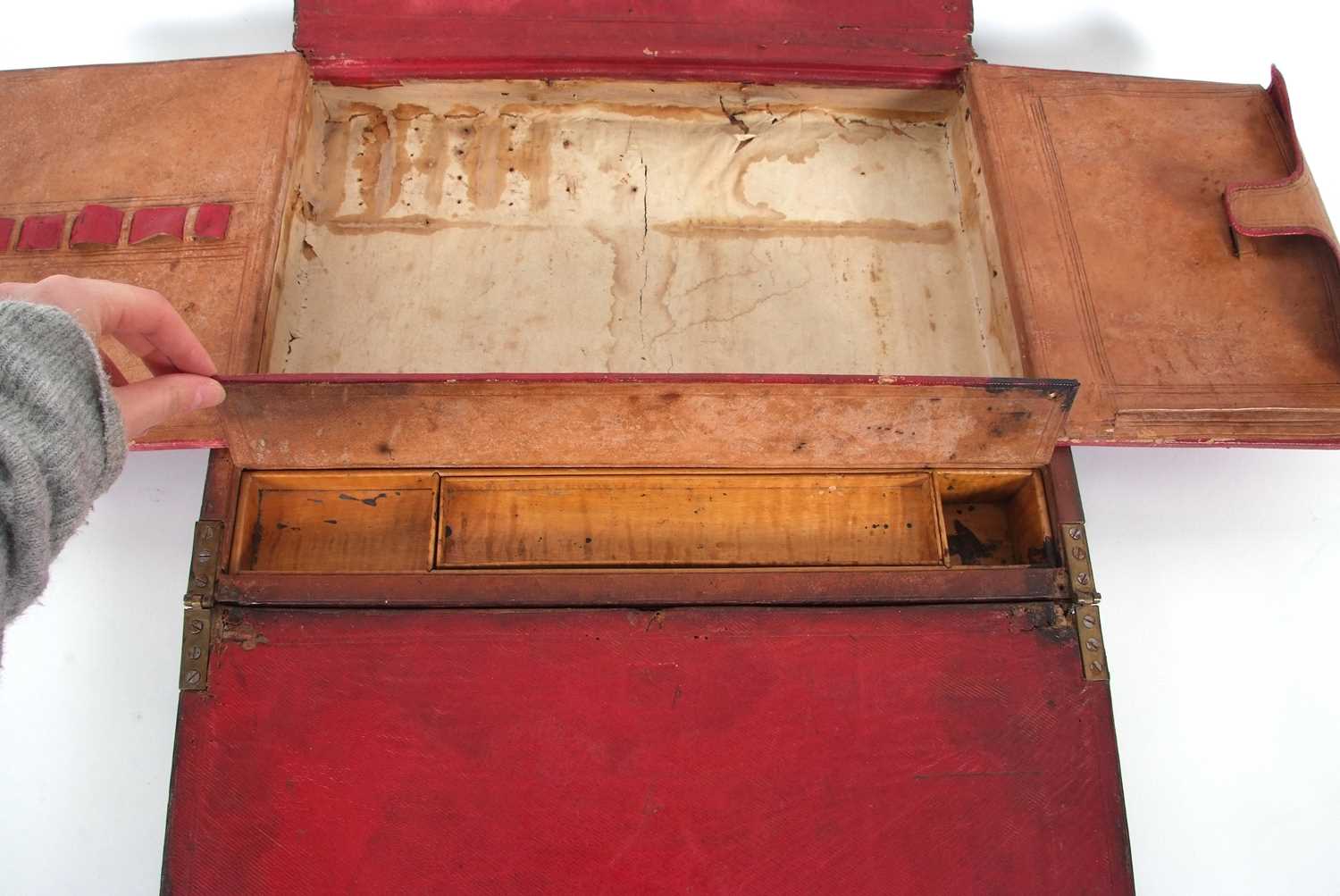 A Victorian brown leather mounted early briefcase or writing box formed as a small case with - Image 5 of 6