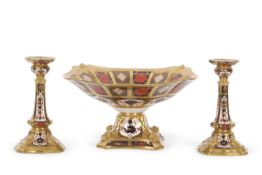 Royal Crown Derby Tazza 1128 Imari pattern 26.5 cm diameter. Together with a pair of 1128 pattern