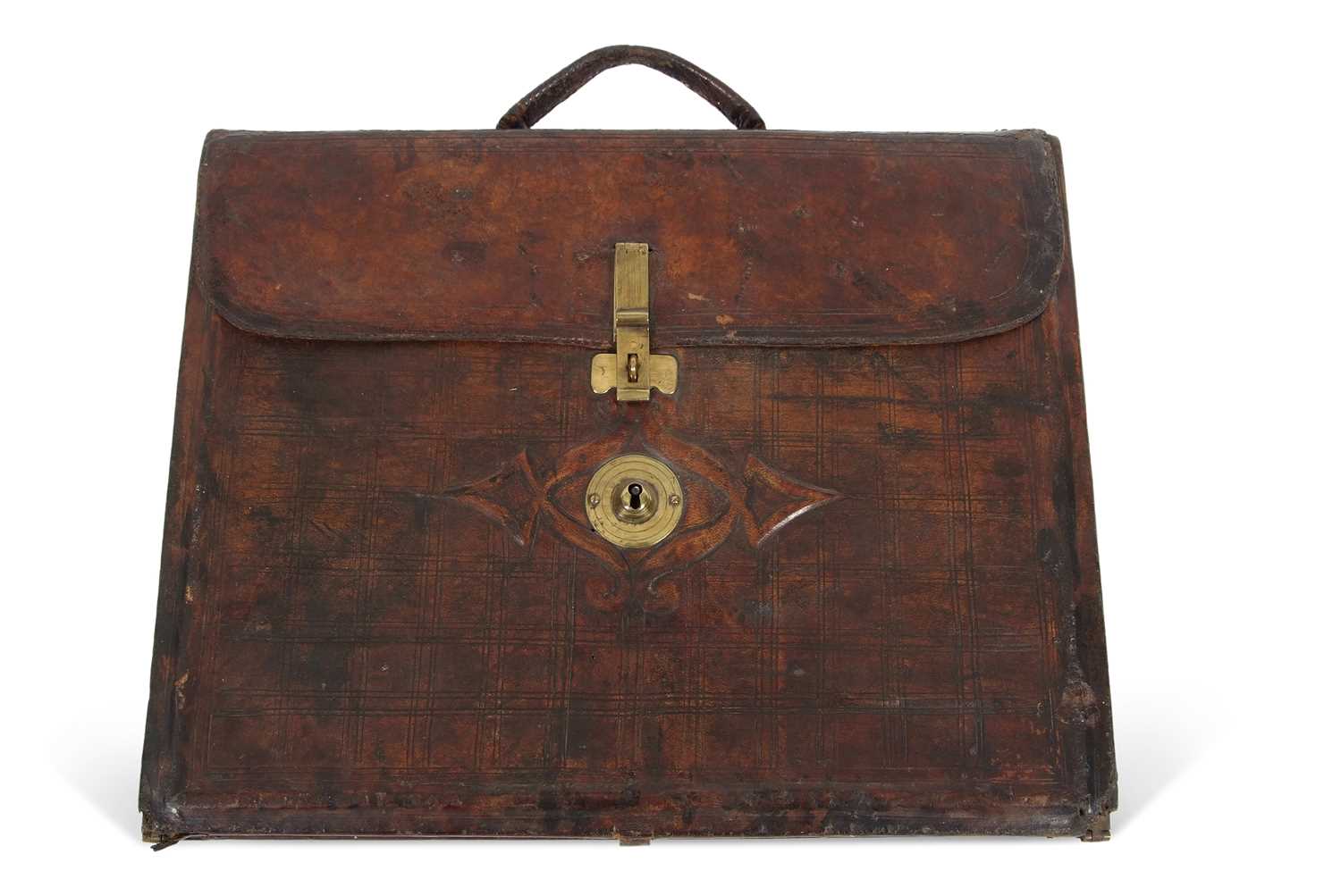 A Victorian brown leather mounted early briefcase or writing box formed as a small case with