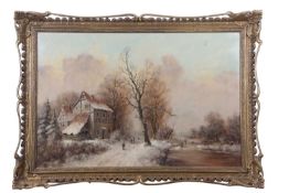 Stephan de Haan (Dutch, b.1914) Winter landscape with figures skating on a frozen lake, oil on