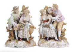 Pair of 19th Century Volkstedt Figure Groups of a shepherdess and musician and flower sellers with