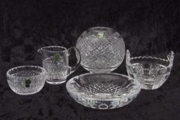 A group of Waterford glass wares including a globe, small jug, two bowls and further dish, all