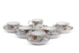 Six Meissen cups and saucers all with painted floral designs, cross swords and star mark to base