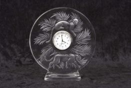A Lalique Jungle Clock late 20th Century moulded with jaguars in original box with original label