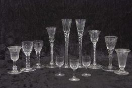 Collection of 18th Century and later drinking glasses including some air twist examples, two cordial